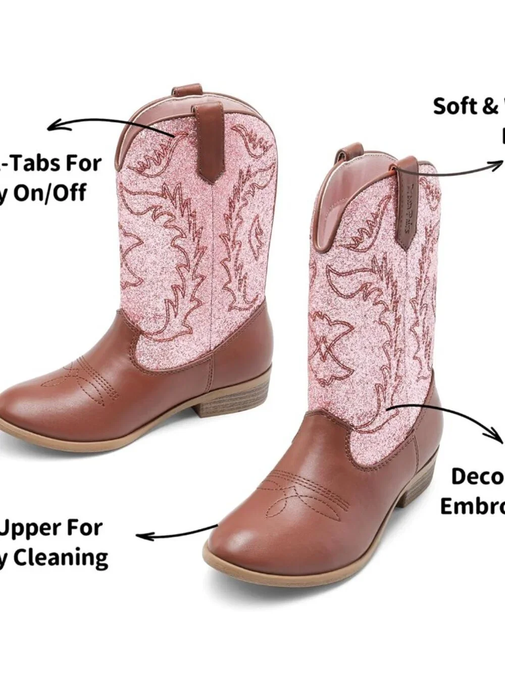 Dream Pairs Girls Pink/Brown Embroidered Cowgirl Stylish Girls Mid Calf Shoes